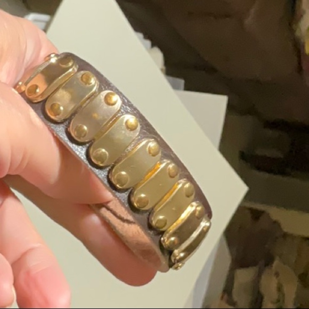 Dark Brown Leather Bracelet With Applied Gold Toned Decor Unsigned Adjustable